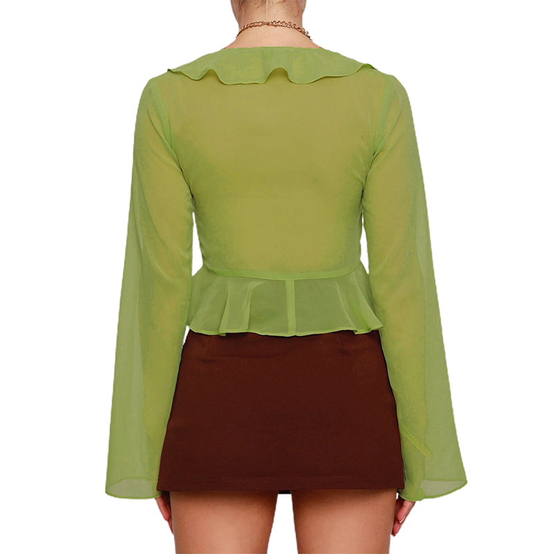 Women Sexy Sheer Crop Tops Pink Long Sleeve Flared Deep V Neck Pleated Hem Tops for Summer Clothing Fairycore Blouse Streetwear