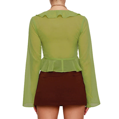 Women Sexy Sheer Crop Tops Pink Long Sleeve Flared Deep V Neck Pleated Hem Tops for Summer Clothing Fairycore Blouse Streetwear