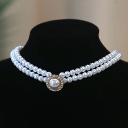 Women Elegant Pearl Double Layers Necklace Earrings Exquisite Vintage Classic Chains For Lady Party Wedding Retro Jewelry Choker