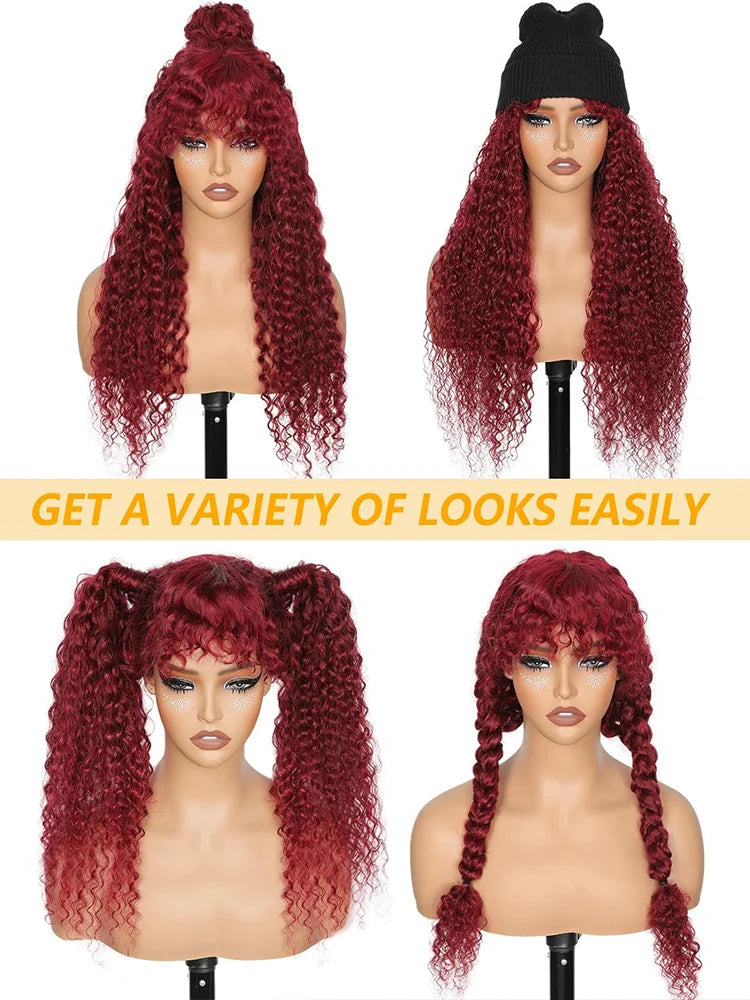 Curly Wig with Bangs Human Hair 99J Burgundy Water Wave Color Wigs Red wig with Bangs Colored 100% Brazilian Human Hair