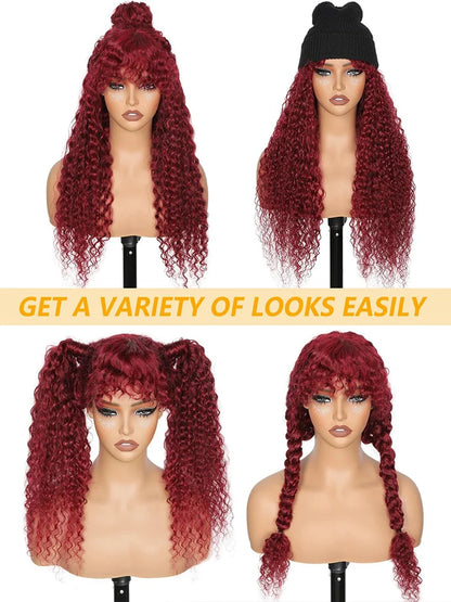 Curly Wig with Bangs Human Hair 99J Burgundy Water Wave Color Wigs Red wig with Bangs Colored 100% Brazilian Human Hair