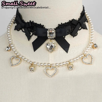 Handmade Choker Necklaces Double Pearl bow love jewelry gemstone sweet Cute Kawaii Collar Lolita Collarbone Chain Cecklace Women