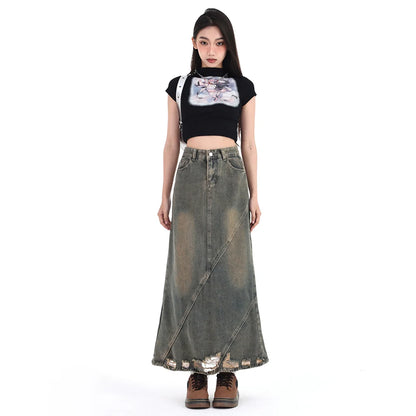 Women Denim Skirt Y2k Emo 2000s Clothes Long Skirt Harajuku Korean 90s Fashion Vintage Gradient A-line Jean Skirt Grunge Clothes