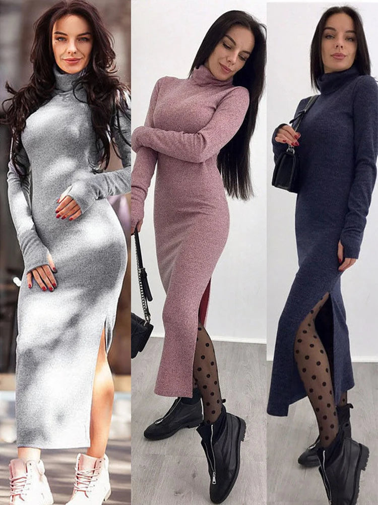 Women Elegant Turtleneck Long Dresses Fashionable Solid Color Long Dresses Slim Fit Sexy Bottom Slit Skirts Spring Autumn New