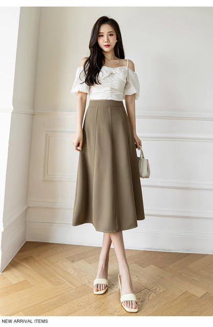 Women's Skirt 2025 Spring Women High Waist Solid Vintage Girl's Waist Down Skirt Knee-length A-line Fashion Thin Skirt for Women