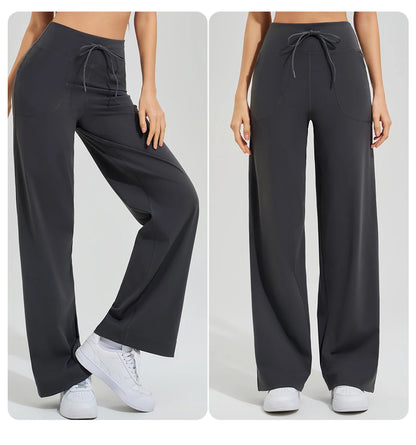 Women's High Waist Yoga Pants Gym Loose Running Yoga Pants Double Side Brushed with Pockets Pants Ties