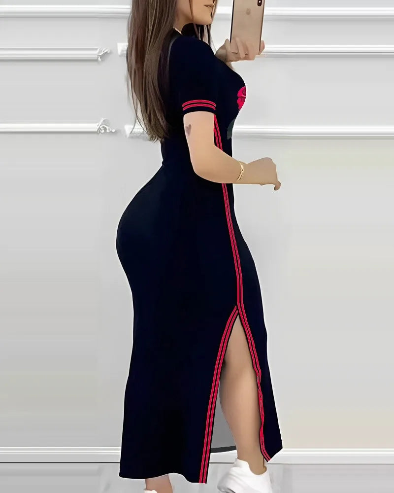 Womens Dresses Spring Fashion Striped High Slit Casual 0-Neck Short Sleeve Daily Skinny Maxi A-Line Dress Woman Clothing