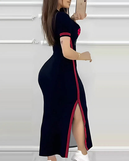 Womens Dresses Spring Fashion Striped High Slit Casual 0-Neck Short Sleeve Daily Skinny Maxi A-Line Dress Woman Clothing