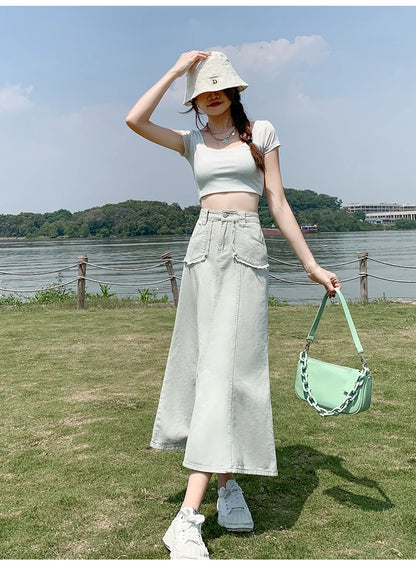 Apricot Denim Skirt Summer Women's 2024 New High Waist Slim Fashion Design Pocket Hip A-line Ankle-length Jean Skirt