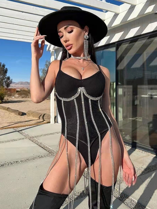 Women Tunic Bras In Waist Corset Tops Fashion Diamond Luxury Diamond Tassel Corset Slim Vest Sexy Tmesh Sheer Top Female 2025