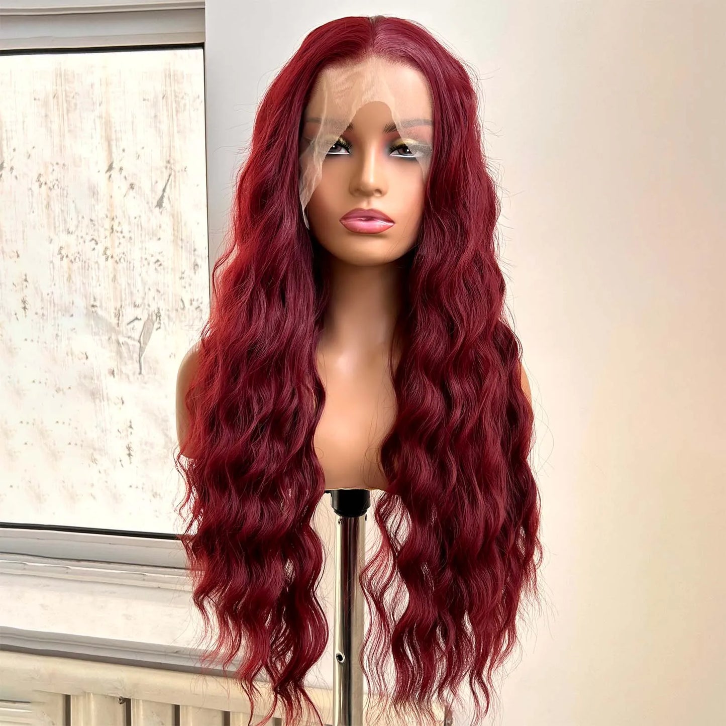 Burgundy Long Curly Wavy Red Wig Synthetic Middle Part Loose Deep Natural Wave 13X4 Wine Red Wigs for Women Daily Party Cosplay