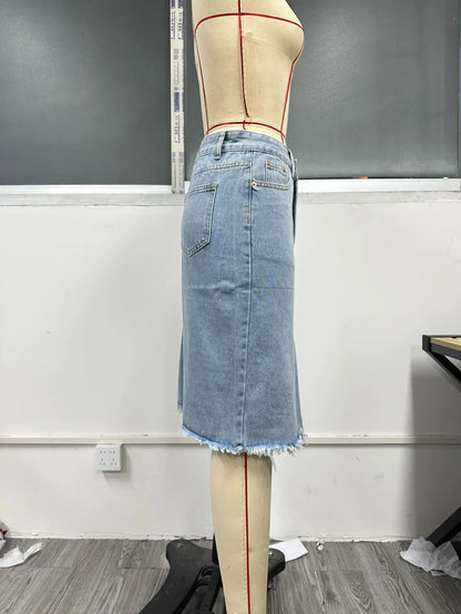 Fashion Midi Cotton Denim Skirt Women 2024 Casual Slim High Waist Asymmetrical Blue Jean Skirts Y2k Faldas Elegant