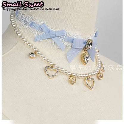 Handmade Choker Necklaces Double Pearl bow love jewelry gemstone sweet Cute Kawaii Collar Lolita Collarbone Chain Cecklace Women