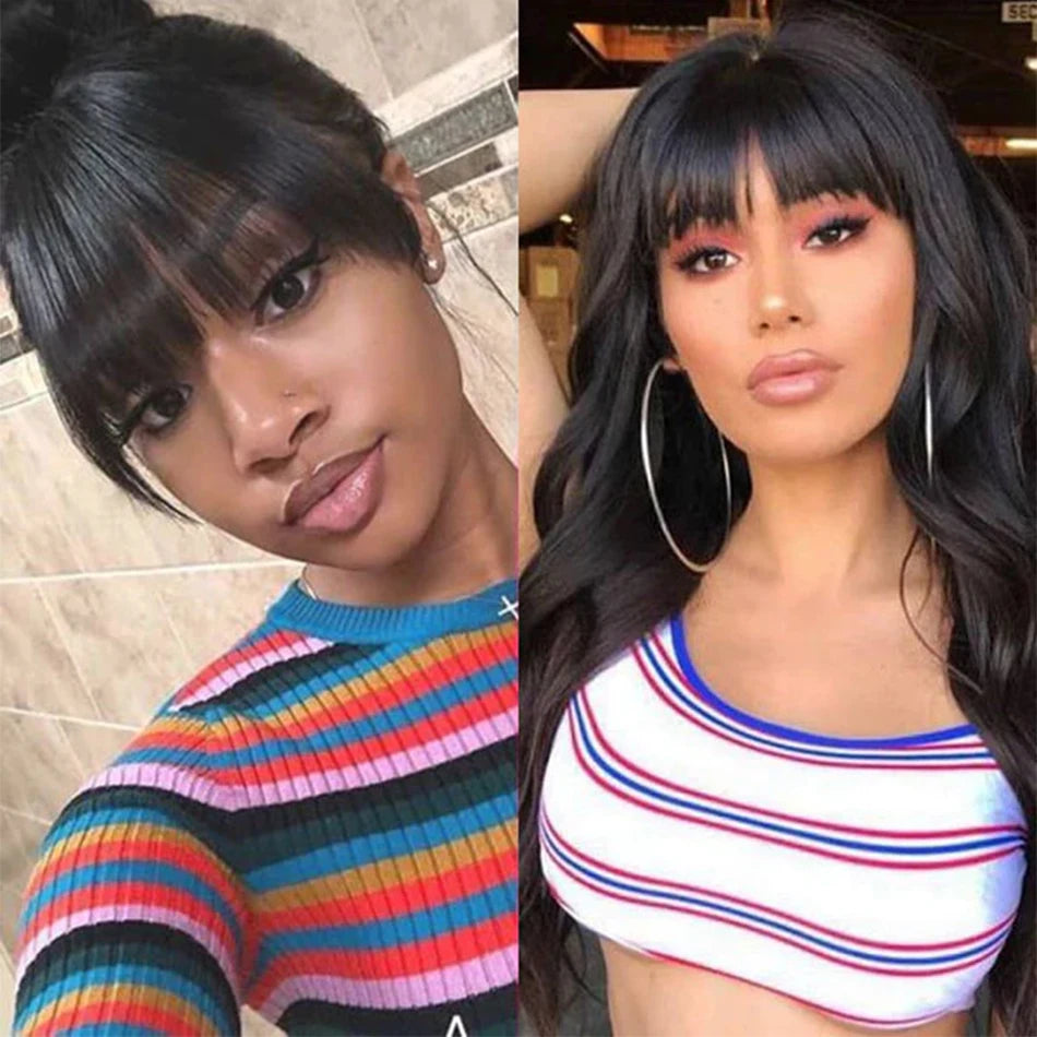 Body Wave Wig With Bangs Human Hair Ready to Go Glueless Wigs None Lace Front Wigs 180% Brazilian Virgin Hair Machine Made Wig