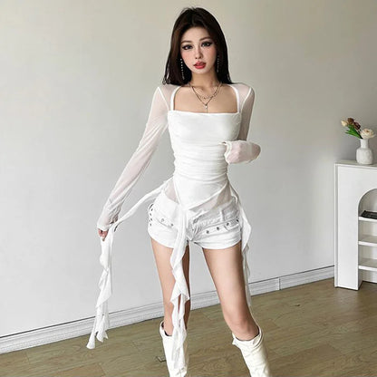 Sexy Women's Tops Fashion White Black Irregular Ribbon T-shirts for Women Long Sleeve Ruffles Slim Punk Tops Female Clothing Y2k