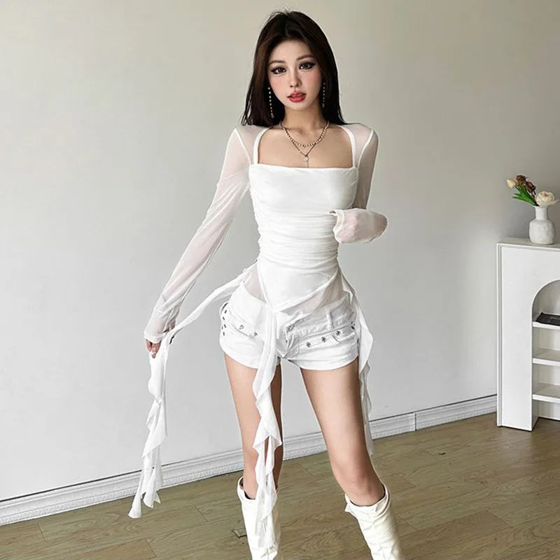 Sexy Women's Tops Fashion White Black Irregular Ribbon T-shirts for Women Long Sleeve Ruffles Slim Punk Tops Female Clothing Y2k