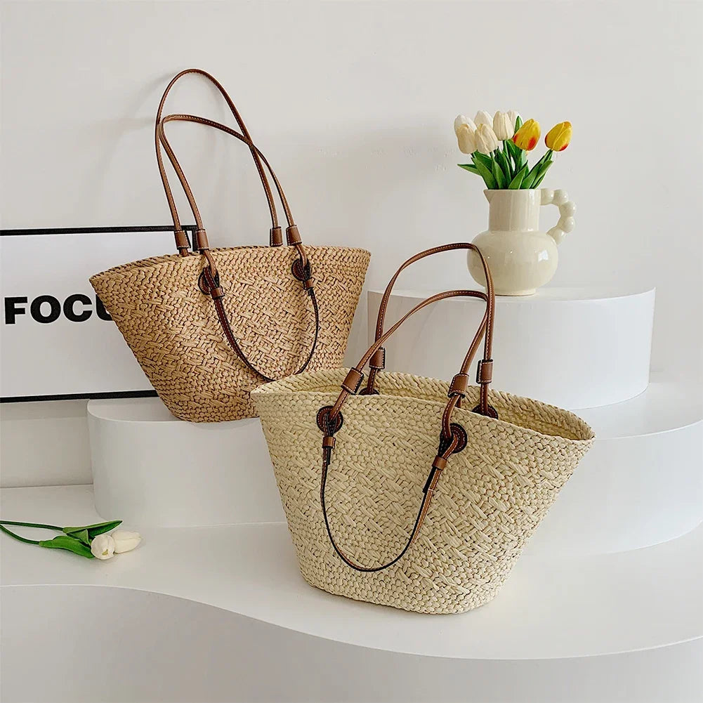 Women Woven Tote Bag Simple Woven Handbag Large Capacity Stylish Weaving Bag Tote Clutch Bags Chic Hobo Bag for Party Vacation