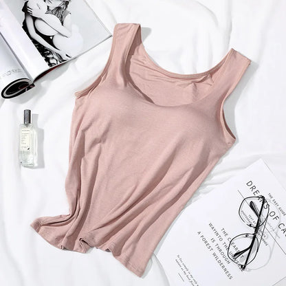 Women's Vest Tops With Built In Bra Neck Vest Padded Slim Fit Tank Tops Sexy Shirts Feminino Casual Underlay shirt slimming