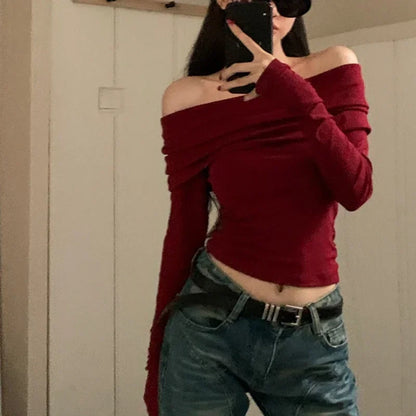 Women Sexy Tops Off Shoulder Long Sleeve Knitted T-shirt Solid Elegant Autumn Winter New Spicy Girl Slim Fit Short Red Crop Top