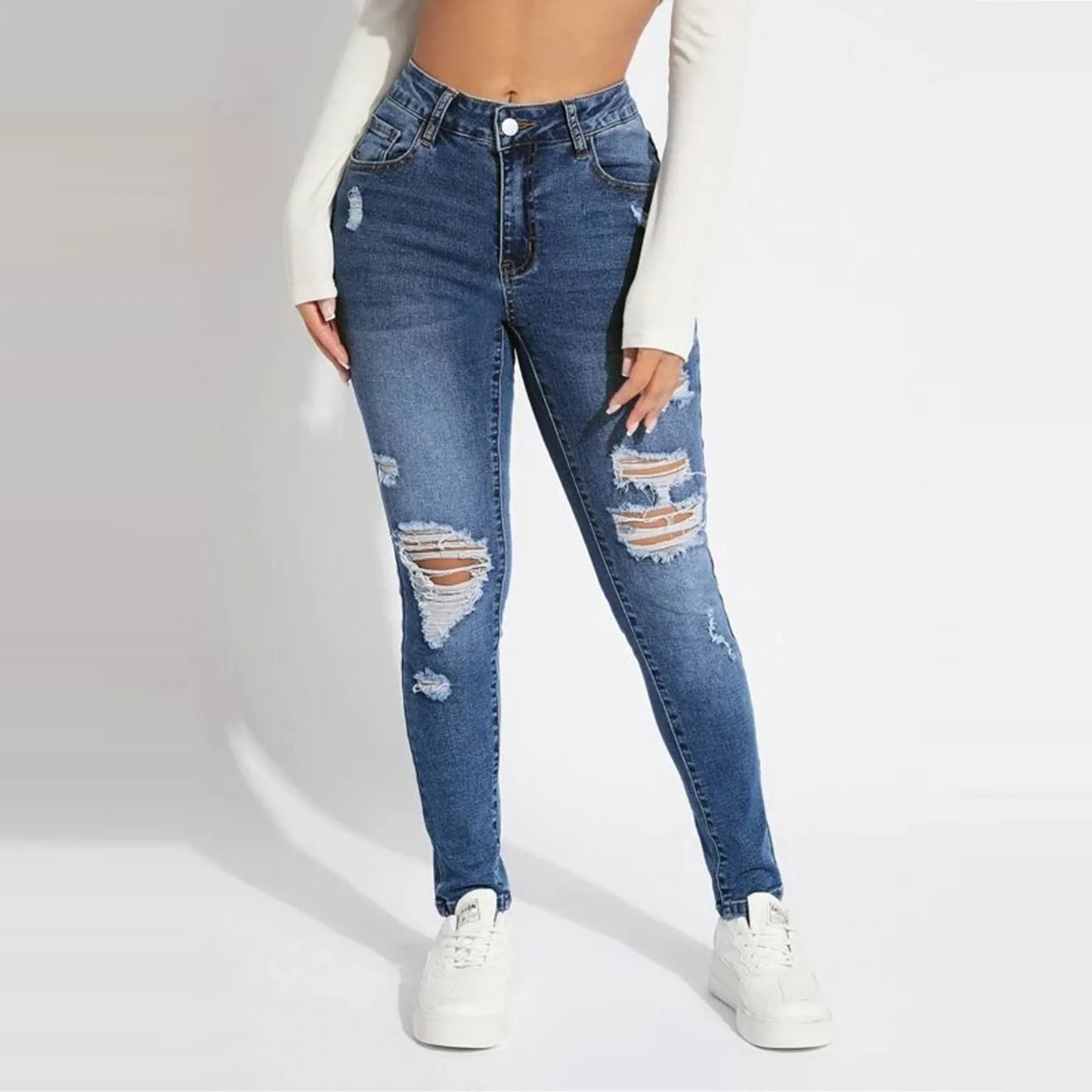Women'S Skinny Trend Ripped Casual Fashion Small Foot Jeans Elastic Waist Drawstring Jeans Fashion Skinny Slim Ankle-Length Pant