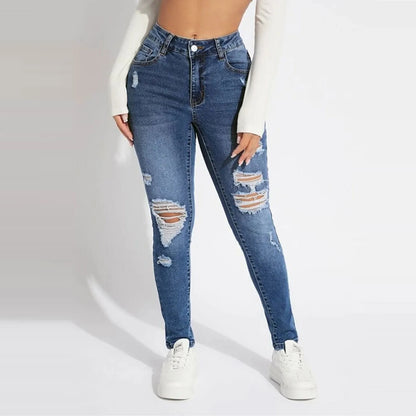 Women'S Skinny Trend Ripped Casual Fashion Small Foot Jeans Elastic Waist Drawstring Jeans Fashion Skinny Slim Ankle-Length Pant