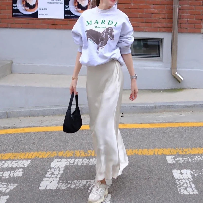 TRAF Women's Skirt Summer Elegant Satin Skirt Stylish Lady High Waist Skirts Cylinder Green Black Skirt Woman Office Street Wear