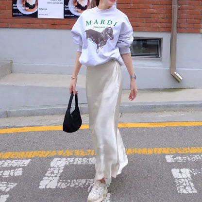 TRAF Women's Skirt Summer Elegant Satin Skirt Stylish Lady High Waist Skirts Cylinder Green Black Skirt Woman Office Street Wear