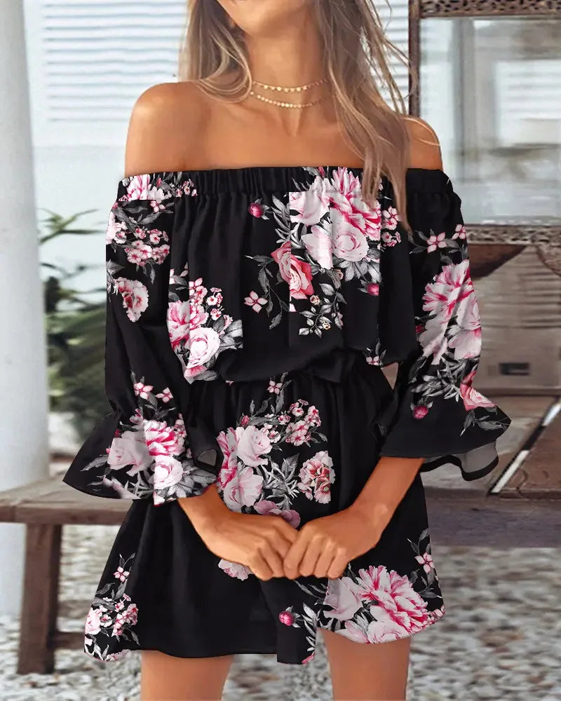 Women Sexy Top Summer Off Shoulder Floral Blouses Women 2023 Boho Casual Backless Blouse Female Holiday Slash Neck Tops Clothing