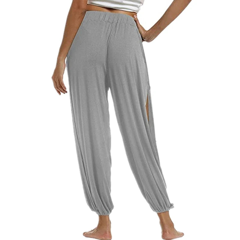 Women Sports Yoga Pants Summer High Slit Haren Pants Solid Loose Hippie Harem Wide Leg Pants Trousers