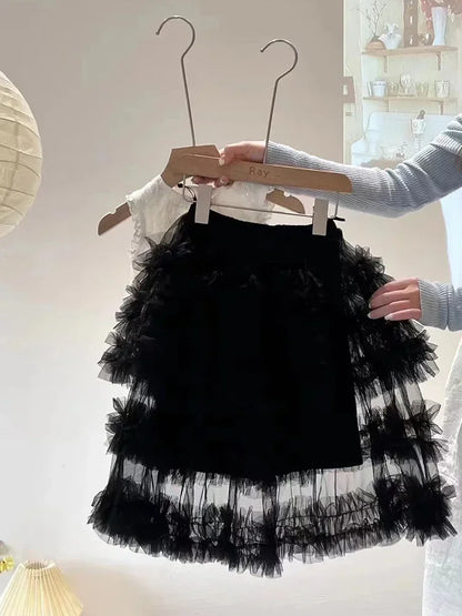 Skirts Sweet Girls Korean New Lace Flower Edge Vest Tops Mesh Yarn Tide Princess Half Length Skirt Tide 2024 Simple Fashion