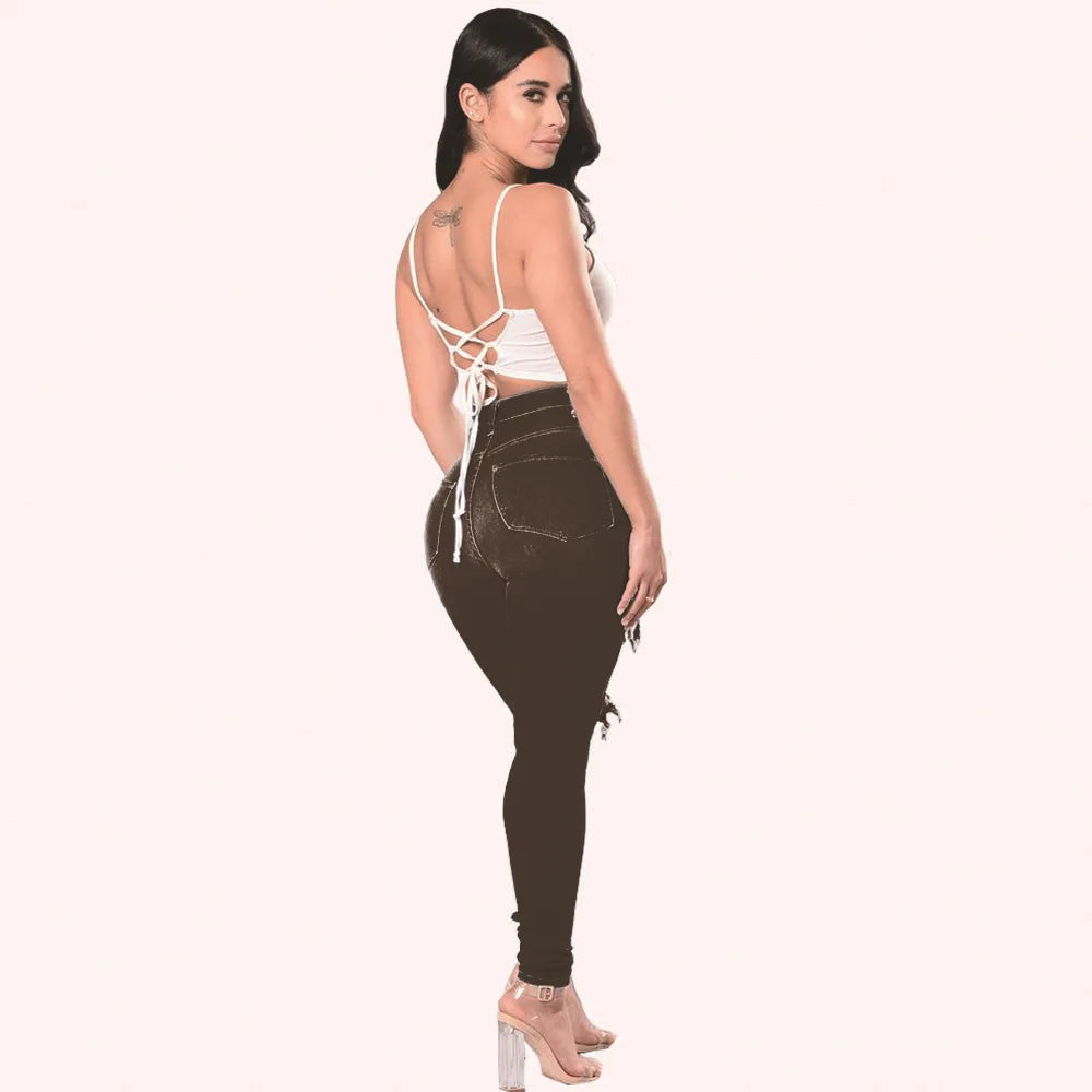 New Designer Denim Women 2025 High Waist Ripped Jeans for Women Skinny Black White Jeans Woman Elastic Slim Jean Female Femme