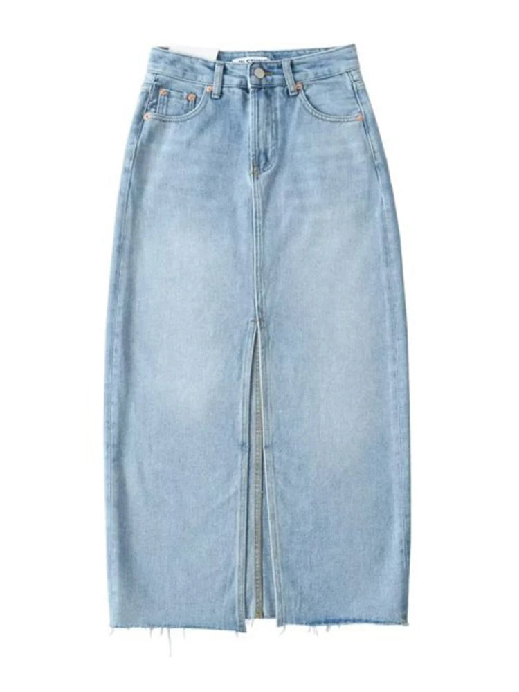 MiuKoMiYa Long Denim Skirts For Women Maxi Spring 2025 Black Front Slit Jean Skirts Womens Long Streetwear Blue Skirt Denim Maxi