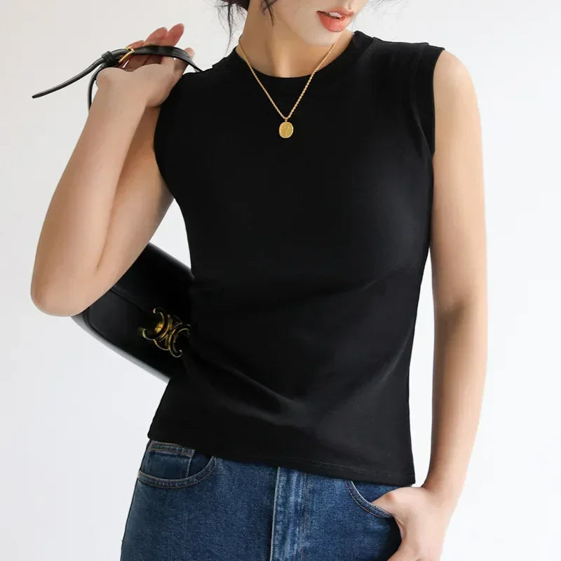 Women's Pure Cotton High Strecth Sleeveless Top Scoop Neck Breathable Solid Versatile Basic Camisole T-shirt Hot Tops for Women