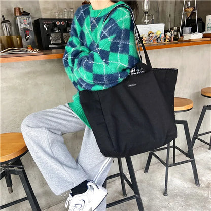 Women Canvas Shoulder Bags Plaid Double-side Large Capacity Handbags Female Shopping Portable Lazy All-match Foldable Tote Bag