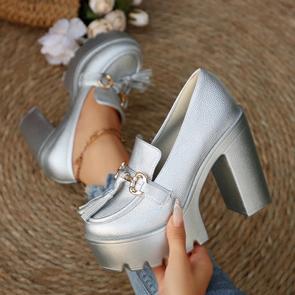 2025 New Women Pumps Fashion Tassels Thick Heeled Party Shoes Gothic Platform Shoes Woman Bowknot Chunky High Heel Pumps Women