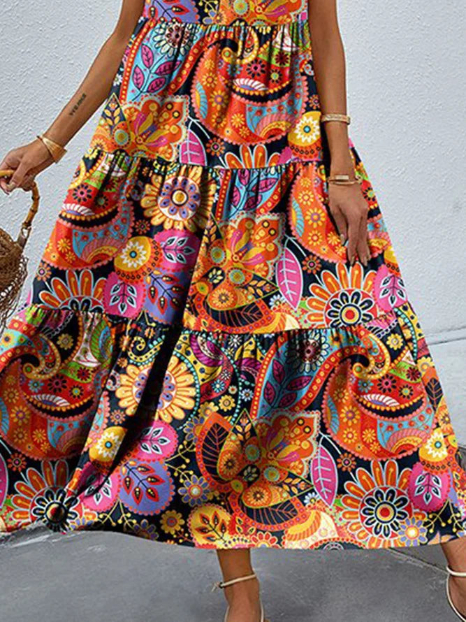 Fashion Floral Print Dress For Women Casual V Neck Sleeveless Loose Dresses Robe Femme Boho Holiday Womens Clothing Summer New