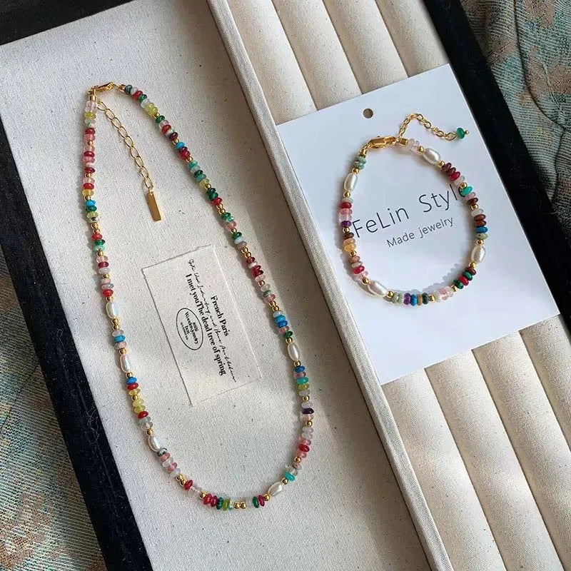 High Quality Colorful Beads Stone Natural Freshwater Pearl Necklaces For Women Retro Gold Color Clavicle Chain Jewelry Gifts