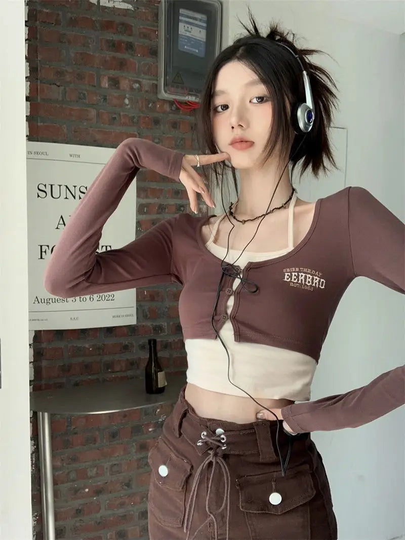 Chic Tshirts for Women Crop Tops 2025 Ropa Mujer Fake Two Tees Single Breasted Long Sleeve Tunic Camisetas Summer Y2k T-shirts