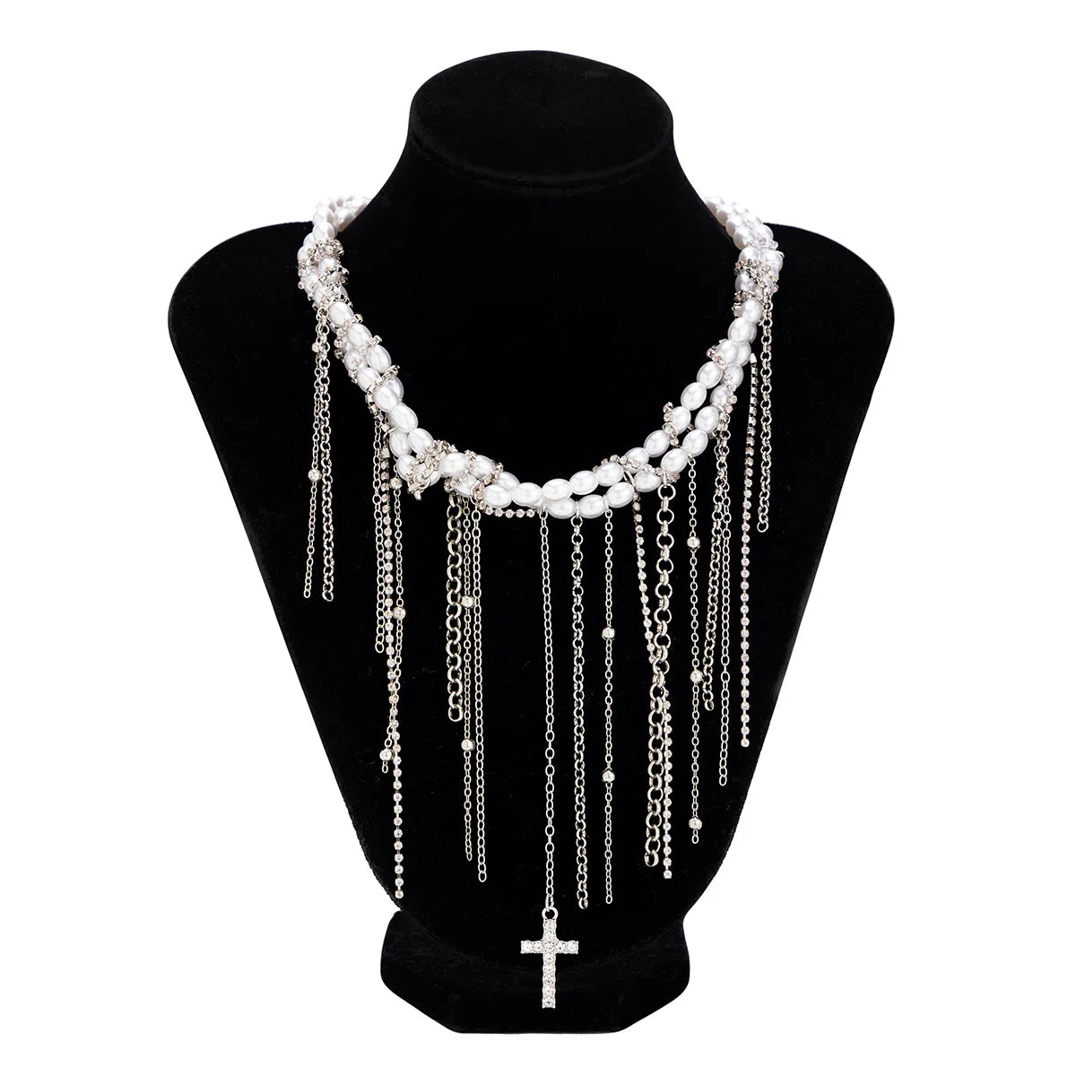 Necklaces for Women Heart-shaped Cross Imitation Pearl Tassel Long Necklace Colliers Femmes Girl Stuff