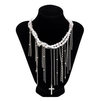 Necklaces for Women Heart-shaped Cross Imitation Pearl Tassel Long Necklace Colliers Femmes Girl Stuff