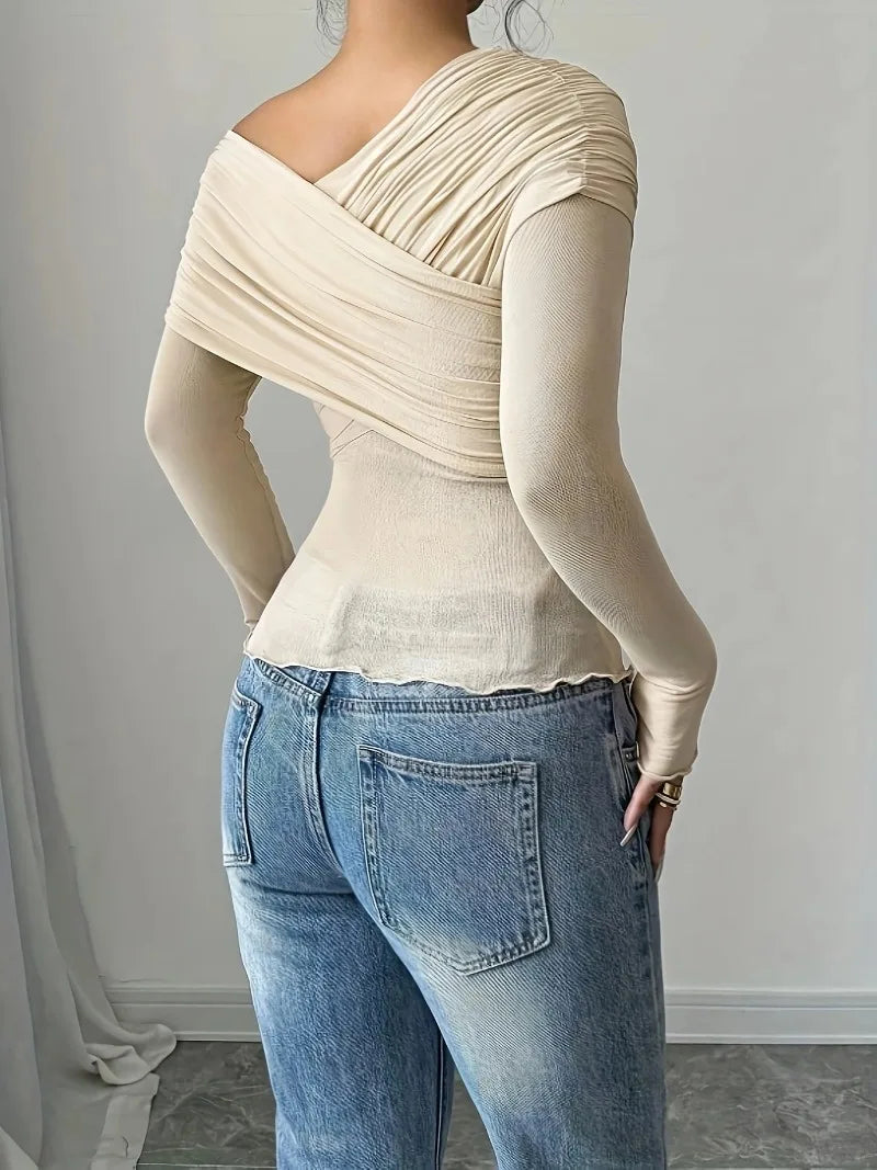 Women's Tops Summer Casual Fashion V-Neck Long Sleeve Strapless Top T-Shirt Women Clothing Feminist Shirt Harajuku Y2k Top