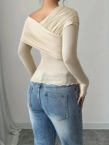 Women's Tops Summer Casual Fashion V-Neck Long Sleeve Strapless Top T-Shirt Women Clothing Feminist Shirt Harajuku Y2k Top