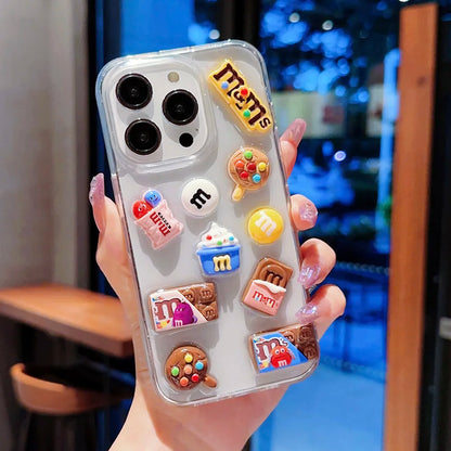 Super Cute M beans chocolate Phone Case for iPhone 16 15 14 13 12 11 Pro Max Cases Silicone Cover Transparent 3D Cartoon Funda