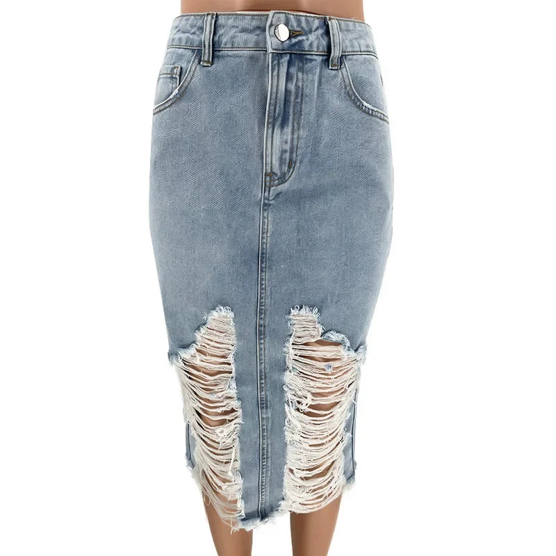Hole Denim Midi Skirt Women 2024 Spring Summer High Waist Streetwear Sexy Buttocks One Step Skirts Bodycon Vintage Jean Skirts