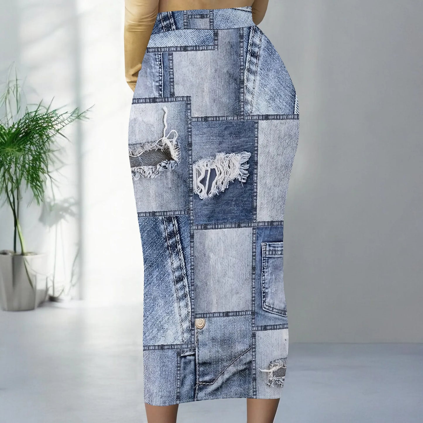 Womens Long Cotton Patchwork Stretch Denim Skirt a Line Flared Jean Maxi Skirt
