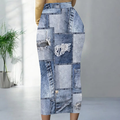 Womens Long Cotton Patchwork Stretch Denim Skirt a Line Flared Jean Maxi Skirt