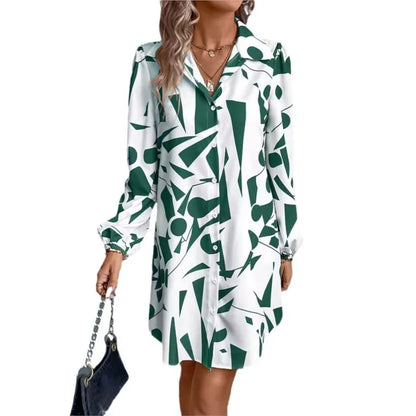 Women's Dresses New Printing Loose V-Neck Single Breasted Long Sleeve Elegant Casual Streetwear In 2024 Summer Vestidos For Lady