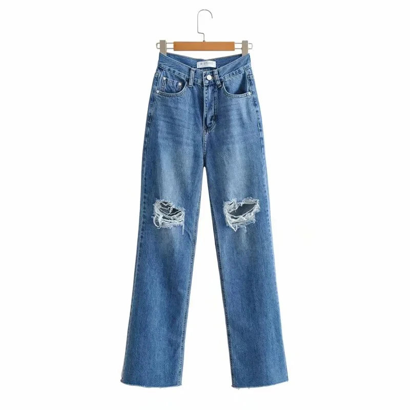 MiuKoMiYa Ripped Jeans For Women 2023 Streetwear Straight Denim Pants High Waist Long Denim Trousers Women Hollow Out Jeans