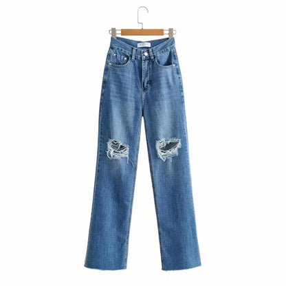 MiuKoMiYa Ripped Jeans For Women 2023 Streetwear Straight Denim Pants High Waist Long Denim Trousers Women Hollow Out Jeans
