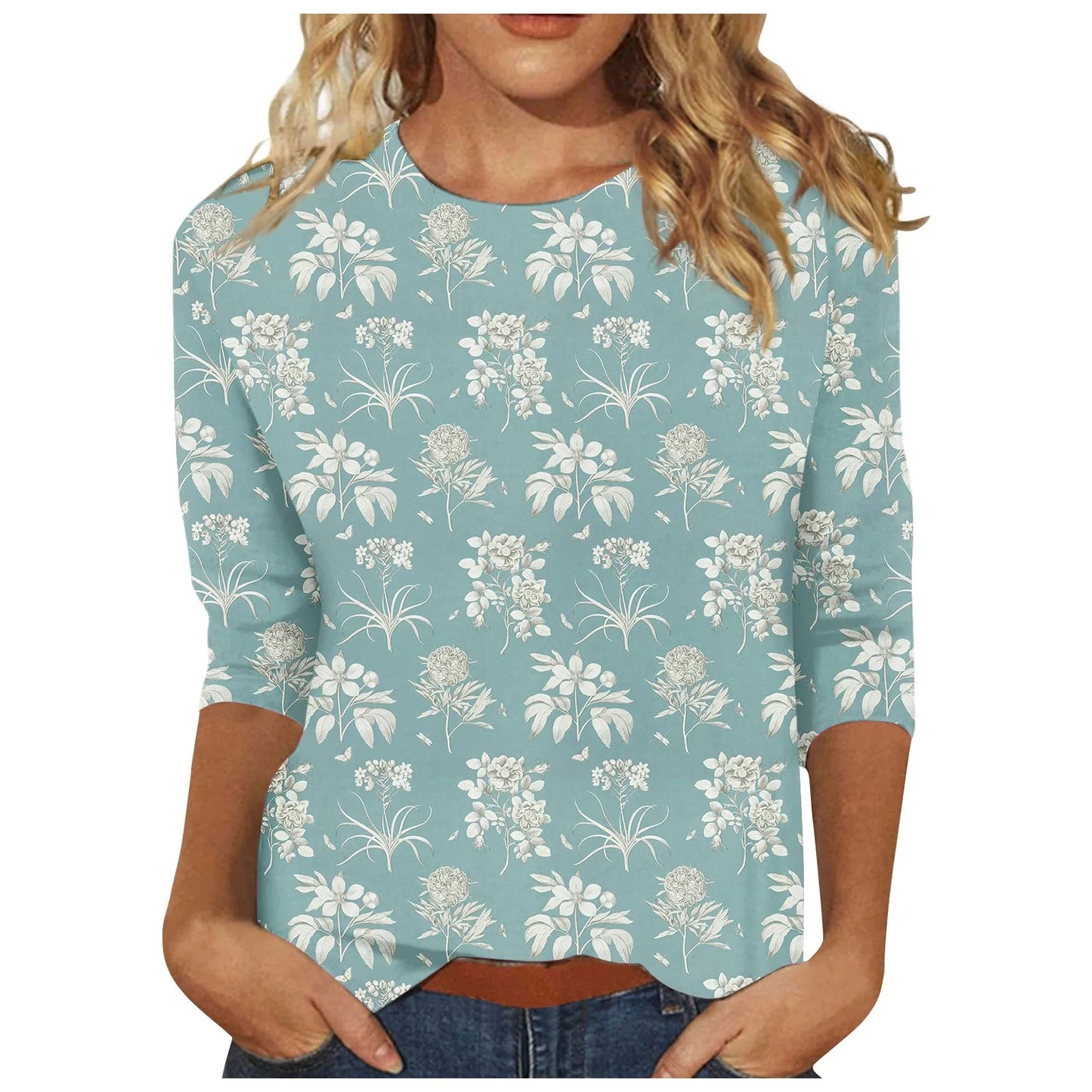 2024 Women Summer Tops Comfortable T Shirt Fashion Flower Print Round Neck 3/4 Sleeve Tops Soft Versatile Pullover Ropa De Mujer
